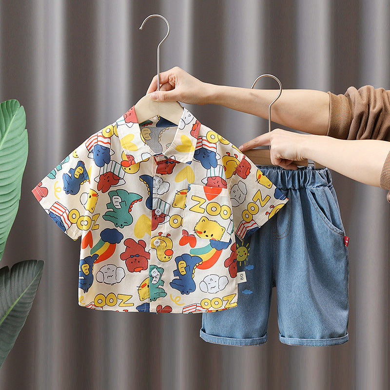 [345463] - Baju Setelan Kemeja Lengan Pendek Celana Panjang Anak Cowok Fashion- Motif Cute Animal