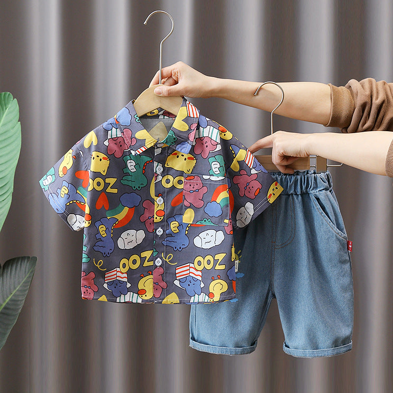 [345463] - Baju Setelan Kemeja Lengan Pendek Celana Panjang Anak Cowok Fashion- Motif Cute Animal