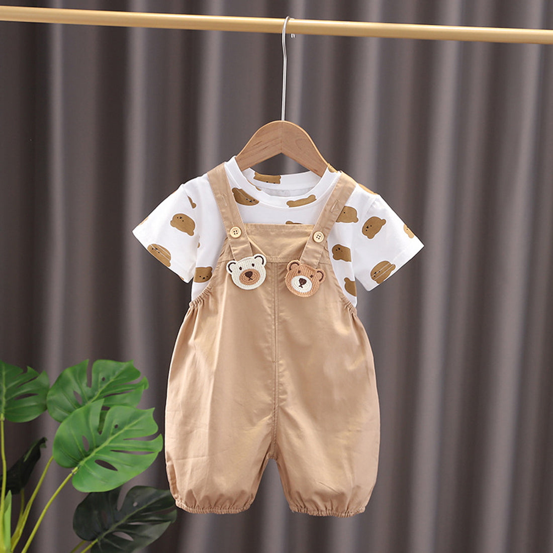 [345464] - Baju Setelan Kaos Lengan Pendek Bawahan Overall Anak Cowok Fashion - Motif Bear Button