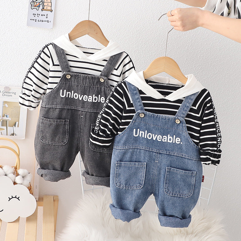 [345481] - Baju Setelan Sweater Overall Jeans Fashion Anak Cowok - Motif Unloved Stripe