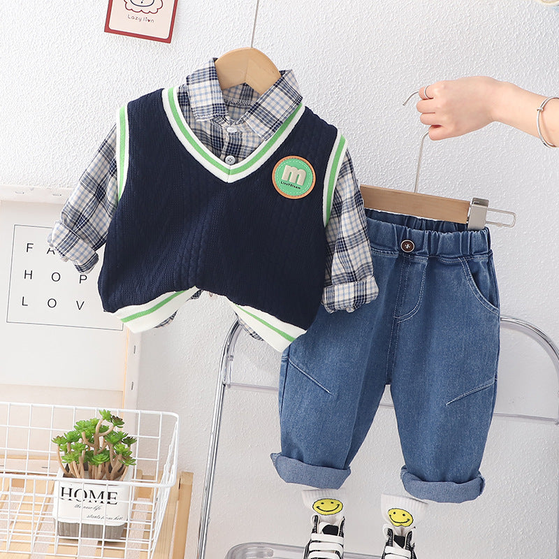 [345482] - Baju Setelan 3 in 1 Rompi Kemeja Celana Jeans Fashion Anak Laki-Laki - Motif M Box