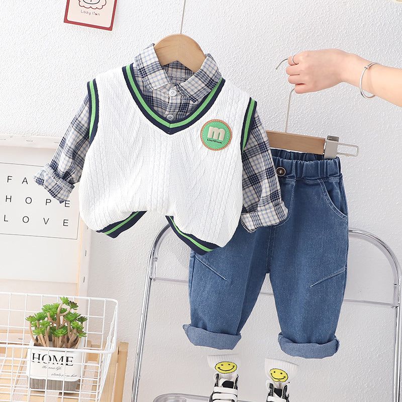 [345482] - Baju Setelan 3 in 1 Rompi Kemeja Celana Jeans Fashion Anak Laki-Laki - Motif M Box