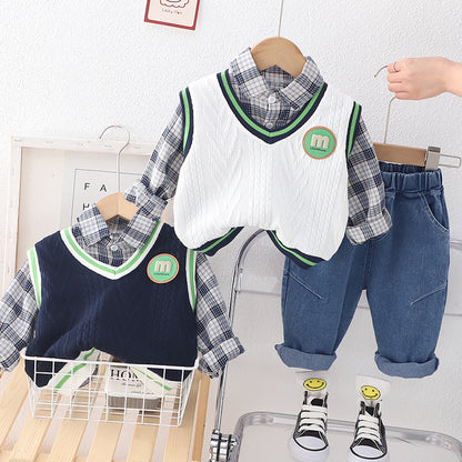 [345482] - Baju Setelan 3 in 1 Rompi Kemeja Celana Jeans Fashion Anak Laki-Laki - Motif M Box