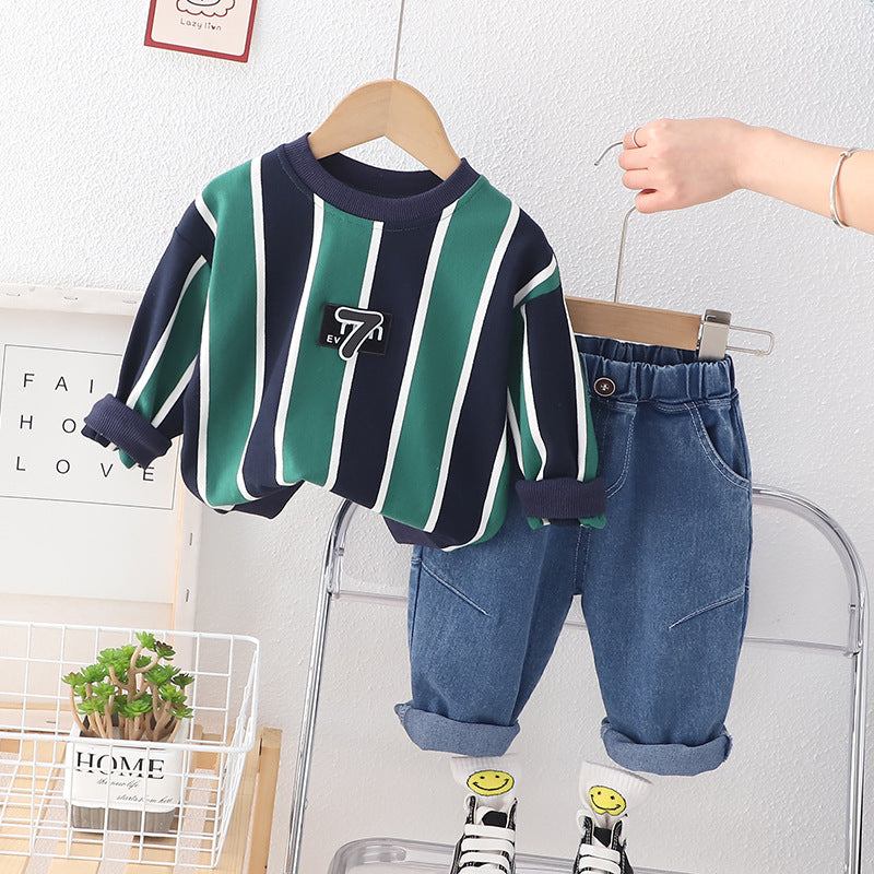 [345483] - Baju Setelan Sweater Celana Jeans Fashion Anak Laki-Laki - Motif Seven Striped