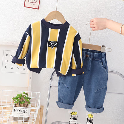 [345483] - Baju Setelan Sweater Celana Jeans Fashion Anak Laki-Laki - Motif Seven Striped