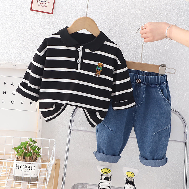 [345484] - Baju Setelan Kaos Kerah Polo Celana Jeans Fashion Anak Cowok - Motif Animal Line