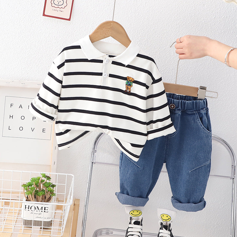 [345484] - Baju Setelan Kaos Kerah Polo Celana Jeans Fashion Anak Cowok - Motif Animal Line