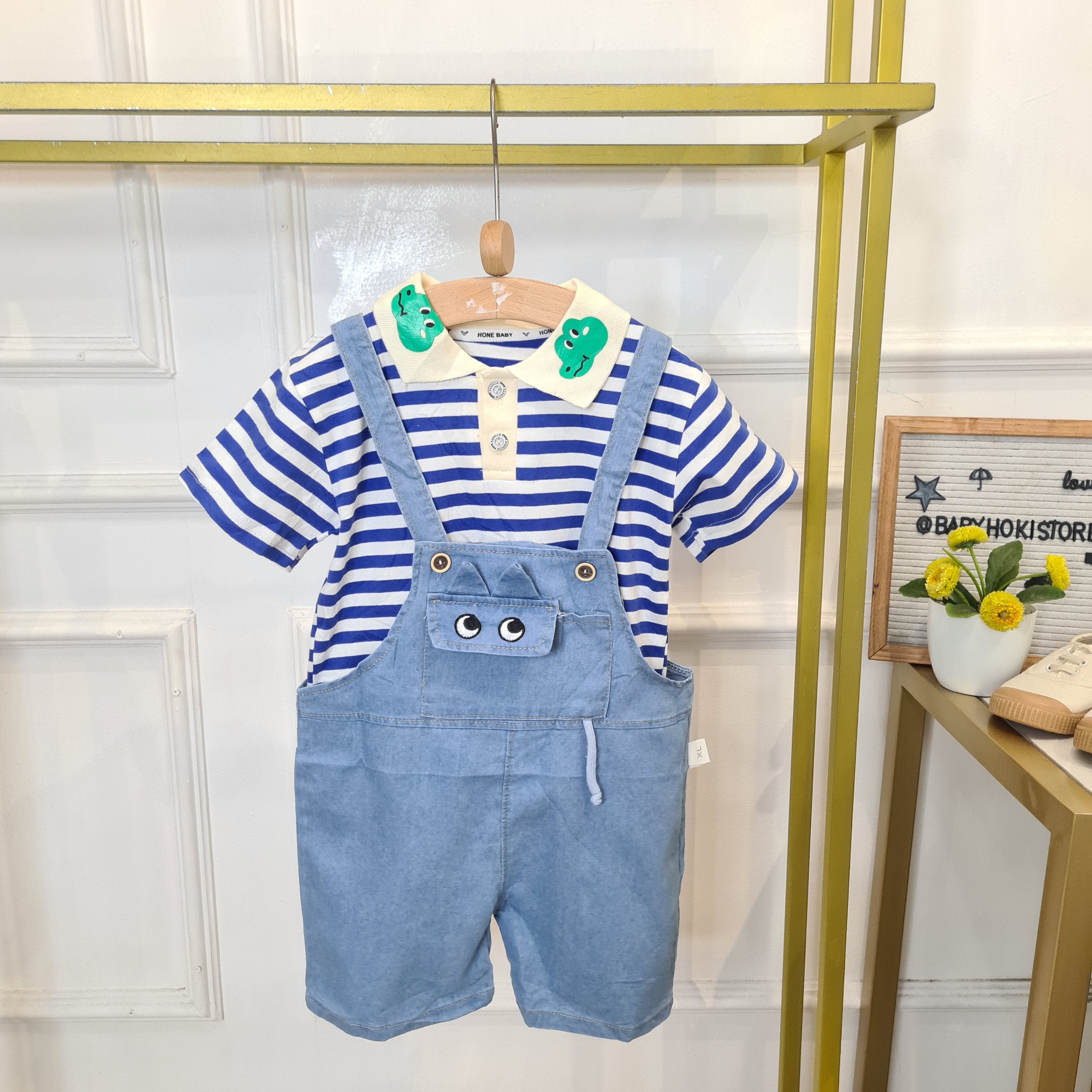 [345474-V1] - Baju Setelan Kaos Polo Overall Fashion Anak Laki-Laki - Motif Striped Crocodile