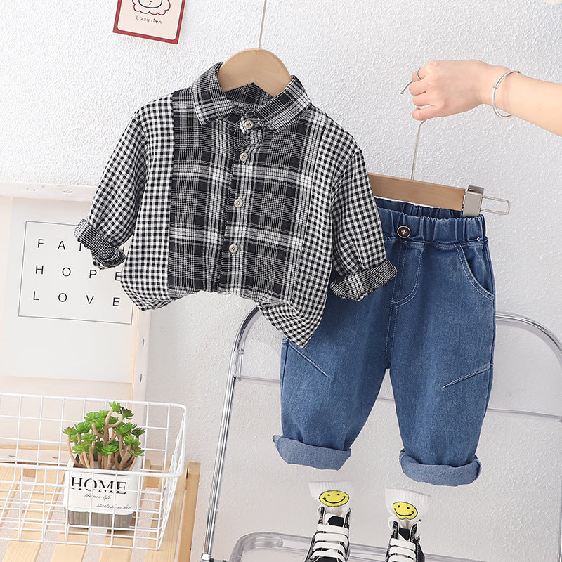 [345485] - Baju Setelan Kemeja Kotak Kotak Celana Jeans Anak Cowok - Motif Gradation Box