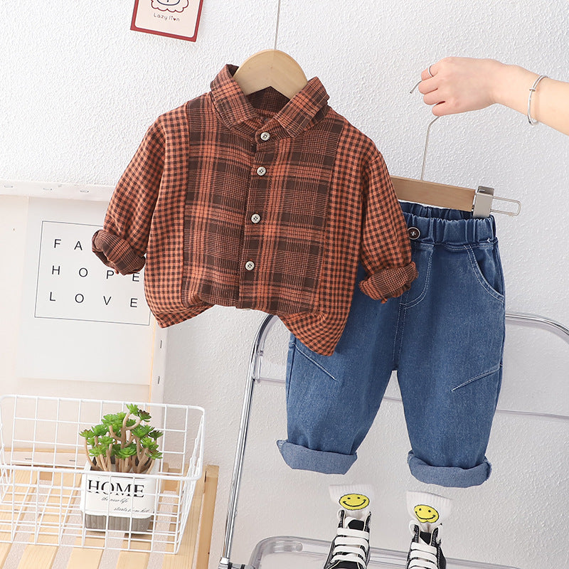 [345485] - Baju Setelan Kemeja Kotak Kotak Celana Jeans Anak Cowok - Motif Gradation Box