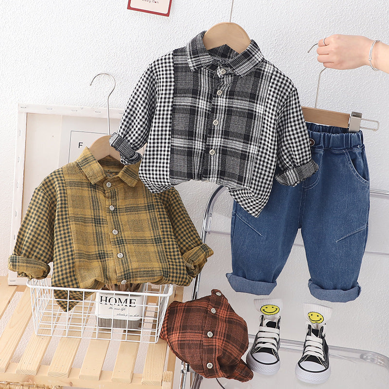 [345485] - Baju Setelan Kemeja Kotak Kotak Celana Jeans Anak Cowok - Motif Gradation Box
