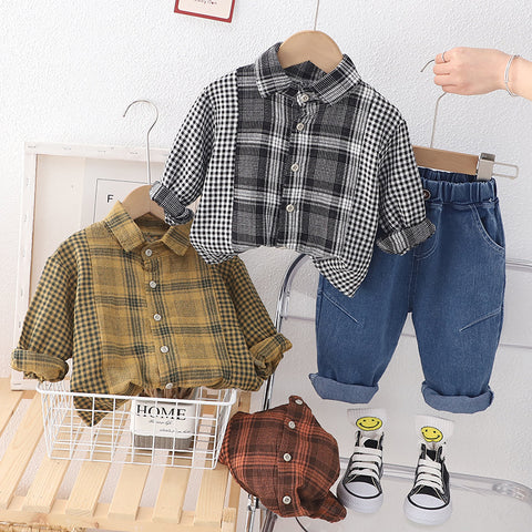 [345485] - Baju Setelan Kemeja Kotak Kotak Celana Jeans Anak Cowok - Motif Gradation Box