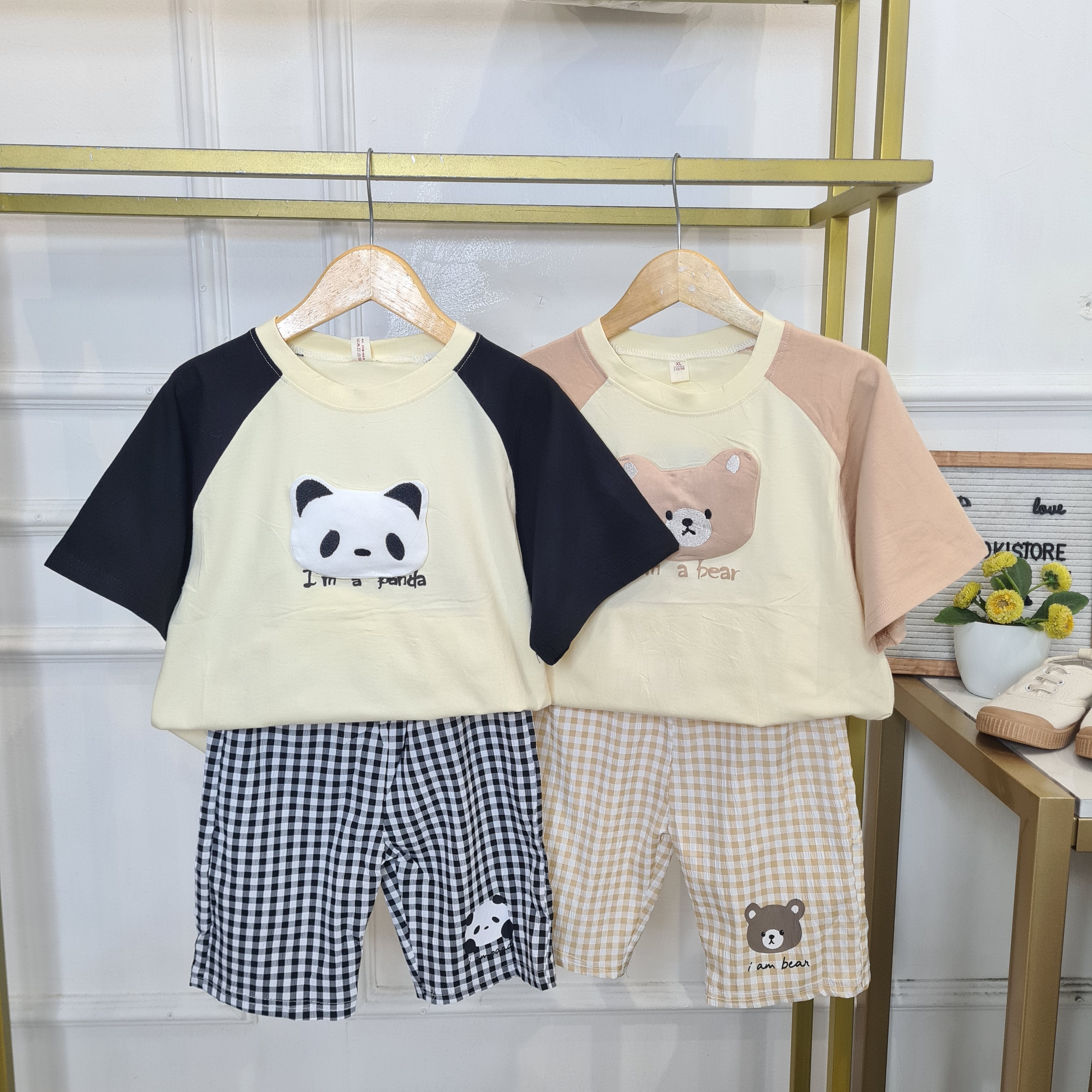 [345476-V1] - Baju Setelan Kaos Celana Kotak-kotak Anak Perempuan Import Fashion - Motif Panda Bear