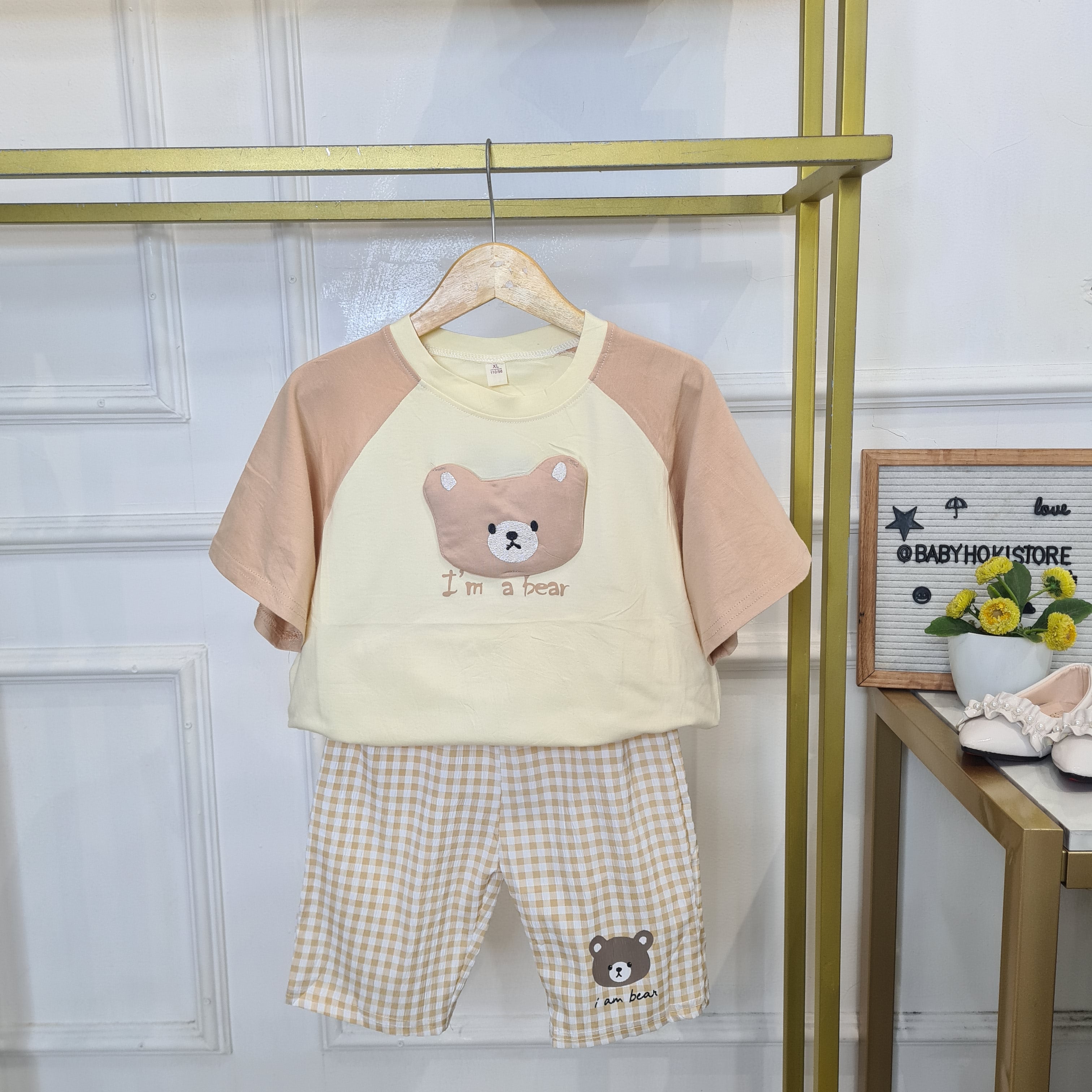 [345476-V1] - Baju Setelan Kaos Celana Kotak-kotak Anak Perempuan Fashion - Motif Panda Bear