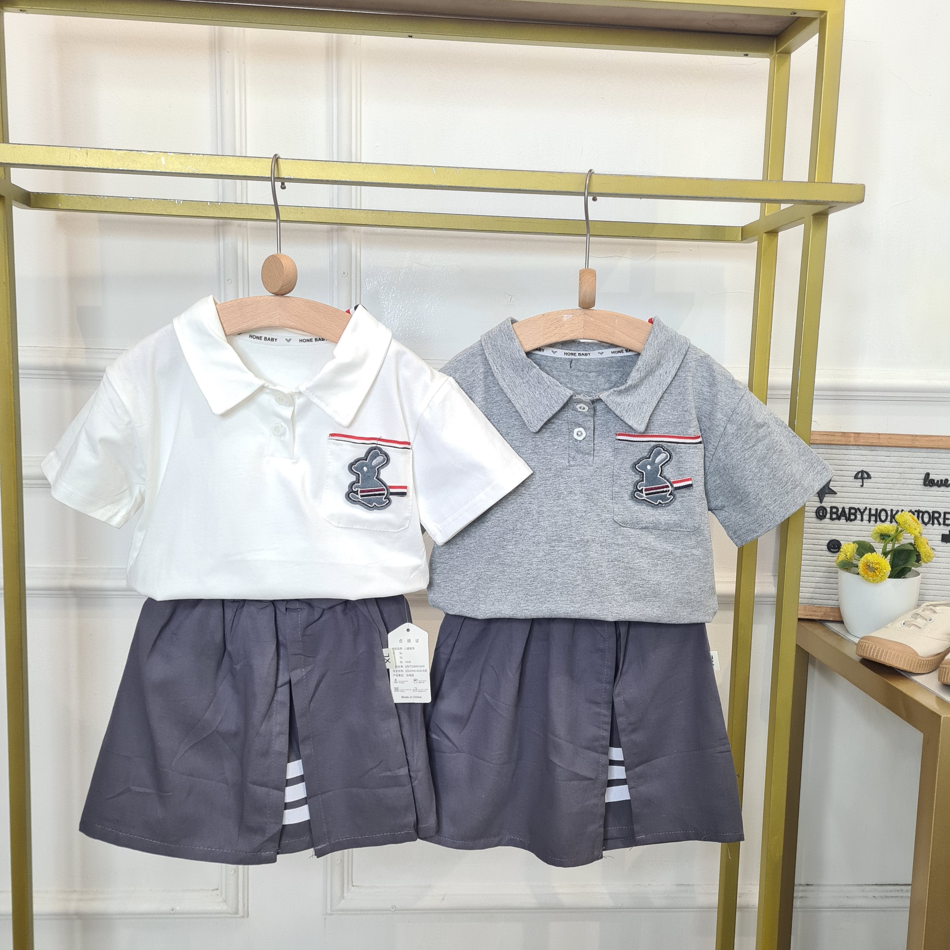 [345477-V1] - Baju Setelan Kaos Kerah Polo Fashion Anak Perempuan - Motif Bunny Lines