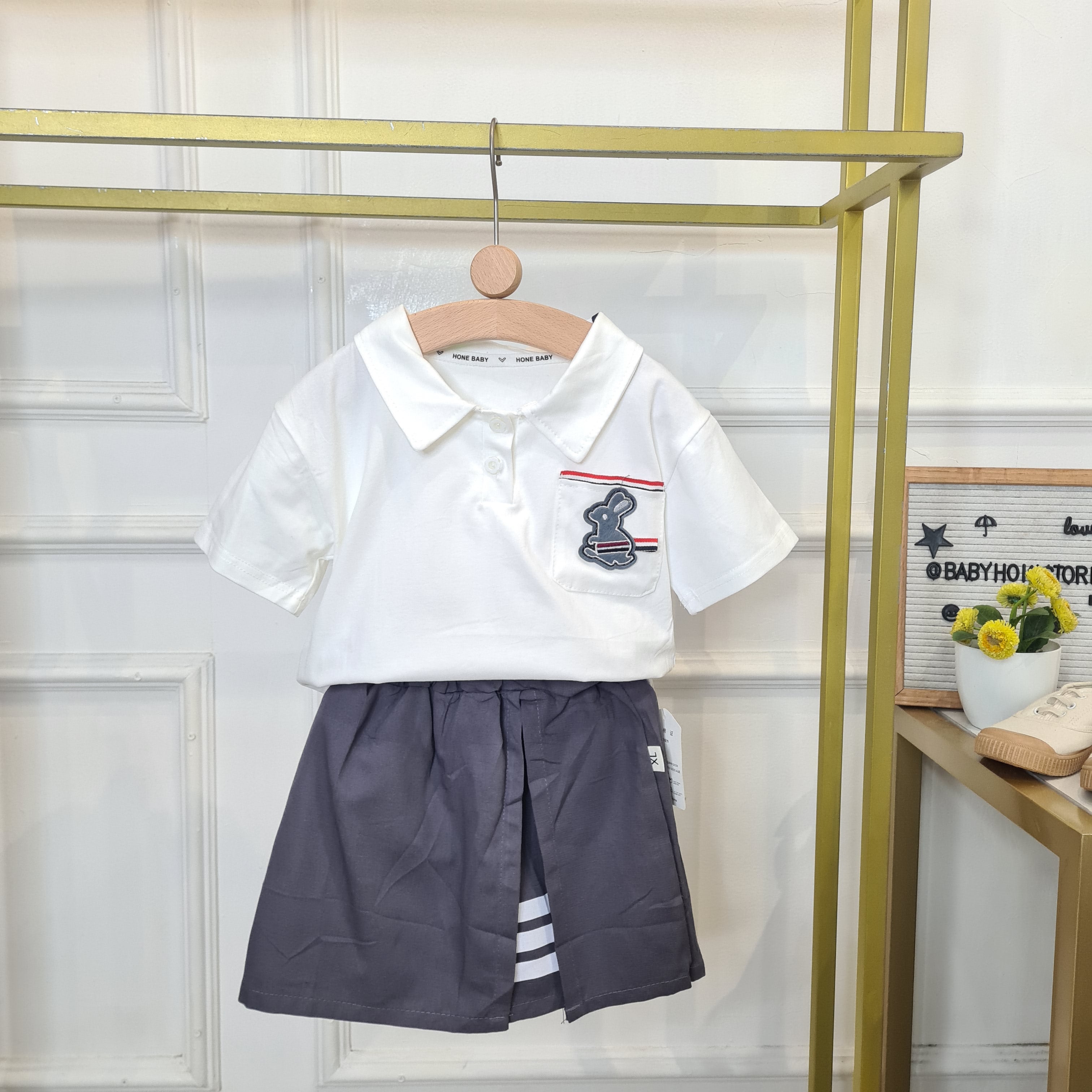 [345477-V1] - Baju Setelan Kaos Kerah Polo Fashion Anak Perempuan - Motif Bunny Lines