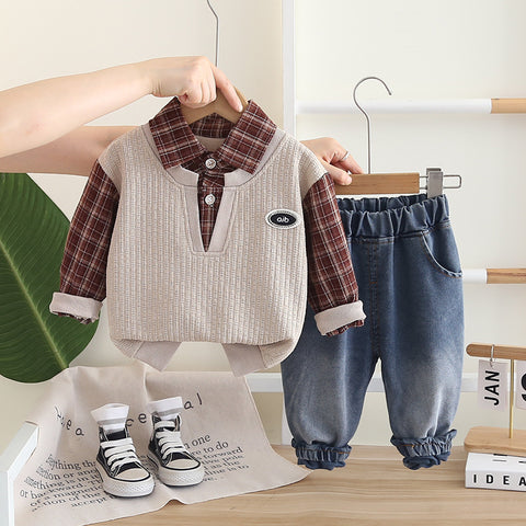 [345487] - One Set 2in1 Baju Setelan Atasan Berkerah Lengan Panjang Bawahan Celana Panjang Jeans Fashion Trendi Anak Cowok Laki-Laki - Motif Plaid - BABYHOKI STORE - BABYHOKI STORE