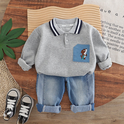[345491] - One Set 2in1 Baju Setelan Atasan Berkerah Lengan Panjang Bawahan Celana Panjang Jeans Fashionable Anak Cowok Laki-Laki - Motif Animal Pictures - BABYHOKI STORE - BABYHOKI STORE