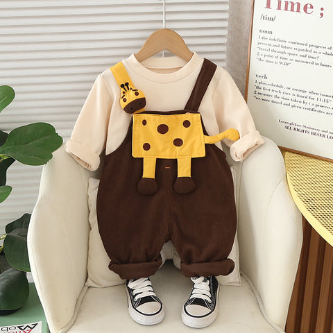[345494] - One Set 2in1 Baju Setelan Atasan Lengan Panjang Bawahan Overall Panjang Fashionable Anak Cowok Laki-Laki - Motif Giraffe - BABYHOKI STORE - BABYHOKI STORE