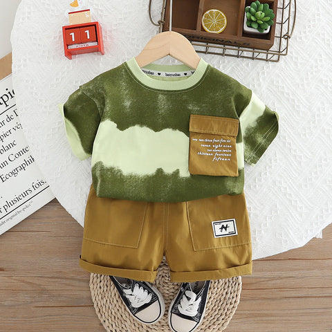 [345498] - One Set 2in1 Baju Setelan Summer Atasan Lengan Pendek Bawahan Celana Pendek Fashionable Beachwear Anak Cowok Laki-Laki - Motif Gradation Basic Color Pocket - BABYHOKI STORE - BABYHOKI STORE