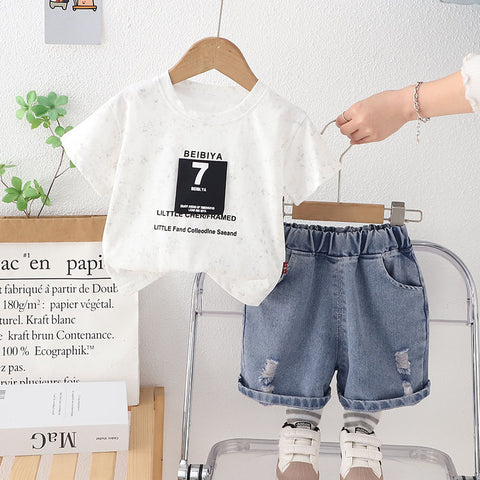 [345502] - One Set 2in1 Baju Setelan Summer Outfit Atasan Koas Lengan Pendek Bawahan Celana Pendek Jeans Fashionable Anak Cowok Laki-Laki - Motif Number 7 - BABYHOKI STORE
