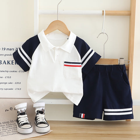 [345504] - One Set 2in1 Baju Setelan Summer Outfit Atasan Koas Polo Lengan Pendek Bawahan Celana Pendek Sporty Anak Cowok Laki-Laki - Motif Color Stripe - BABYHOKI STORE