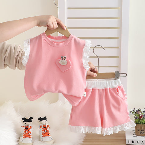 [345508] - One Set 2in1 Baju Setelan Summer Atasan Lengan Kutung Bawahan Celana Pendek Berenda Fashionable Anak Perempuan Cewek - Motif Rabbit Face - BABYHOKI STORE - BABYHOKI STORE