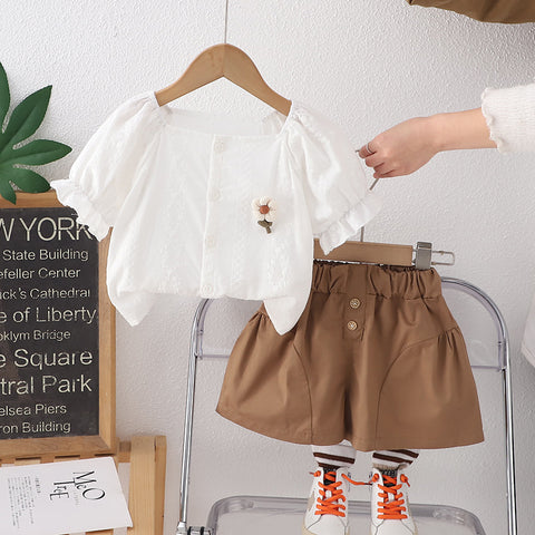 [345509] - One Set 2in1 Baju Setelan Summer Atasan Blouse Lengan Pendek Bawahan Celana Pendek Fashionable Anak Perempuan Cewek - Motif 3D Flower - BABYHOKI STORE - BABYHOKI STORE