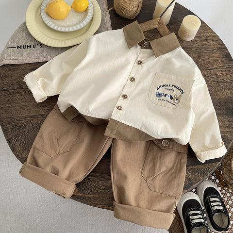 [345511] - One Set 2in1 Baju Setelan Casual Atasan Kemeja Lengan Panjang Bawahan Celana Panjang Cargo Fashionable Anak Laki Laki Cowok - Motif 3 Face Animal - BABYHOKI STORE - BABYHOKI STORE