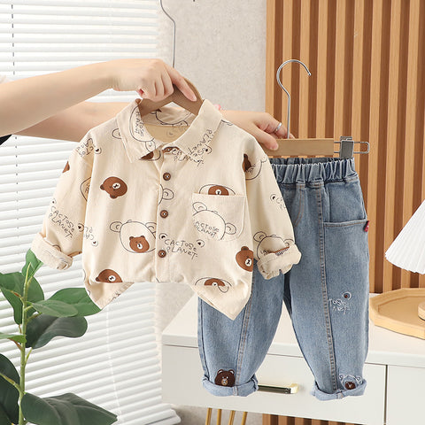 [345512] - One Set 2in1 Baju Setelan Casual Atasan Kemeja Lengan Panjang Bawahan Celana Panjang Jeans Fashionable Anak Laki Laki Cowok - Motif Bear Brown - BABYHOKI STORE - BABYHOKI STORE