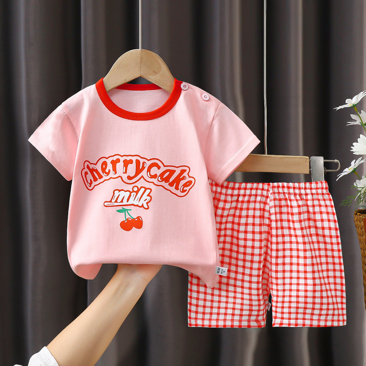 [351286] - Baju Setelan Kaos Lengan Pendek Import Anak Perempuan - Motif Cherry Cake