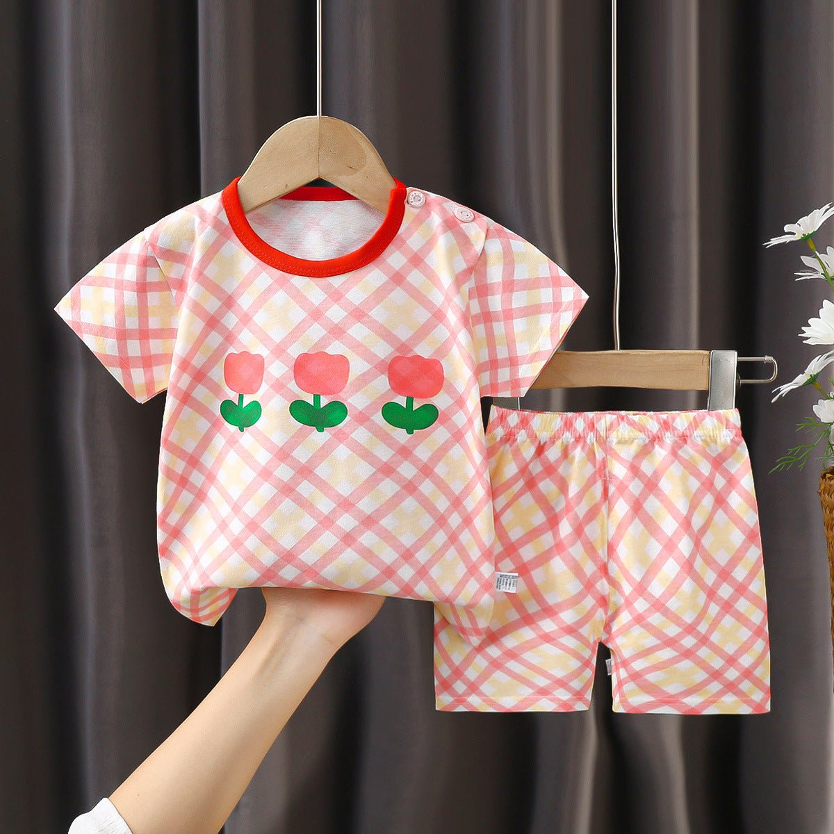 [351293] - Setelan Kaos Lengan Pendek Import Anak Perempuan - Motif Cross Flower