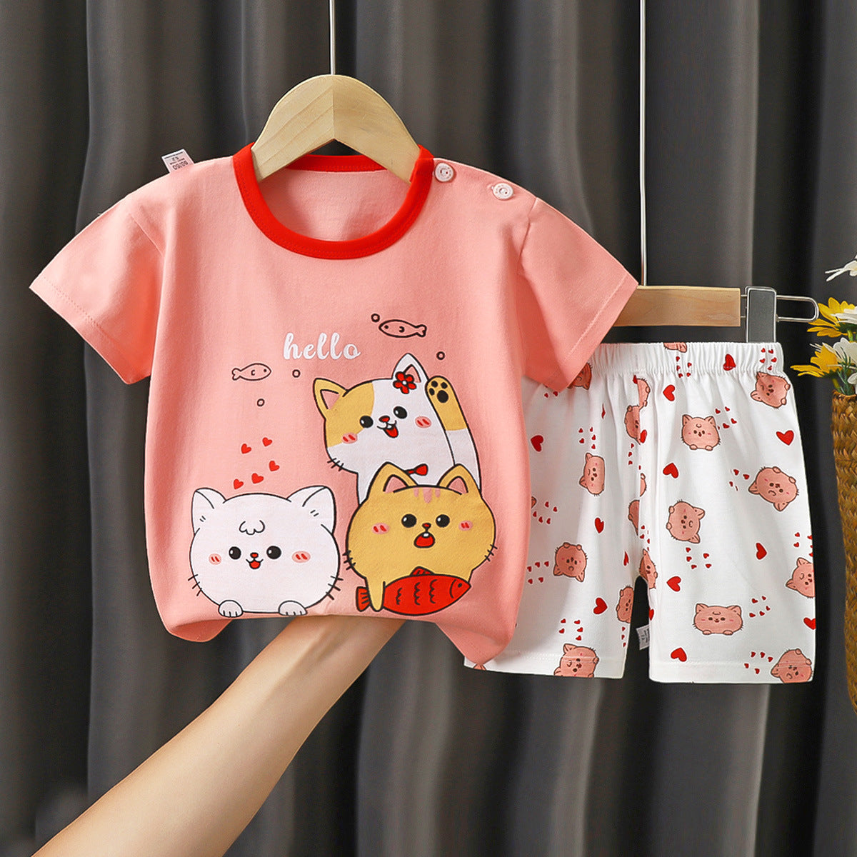 [351299] - Setelan Kaos Lengan Pendek Anak Perempuan - Motif Fish Cat