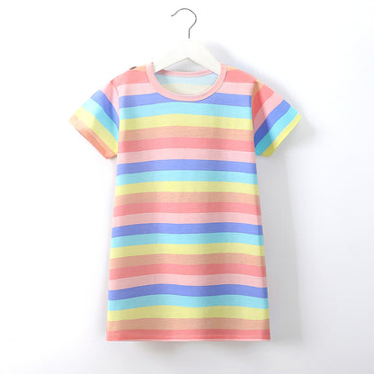 [351324] - Mini Daster Kaos Lengan Pendek Import Anak Perempuan - Motif Colorful Stripes