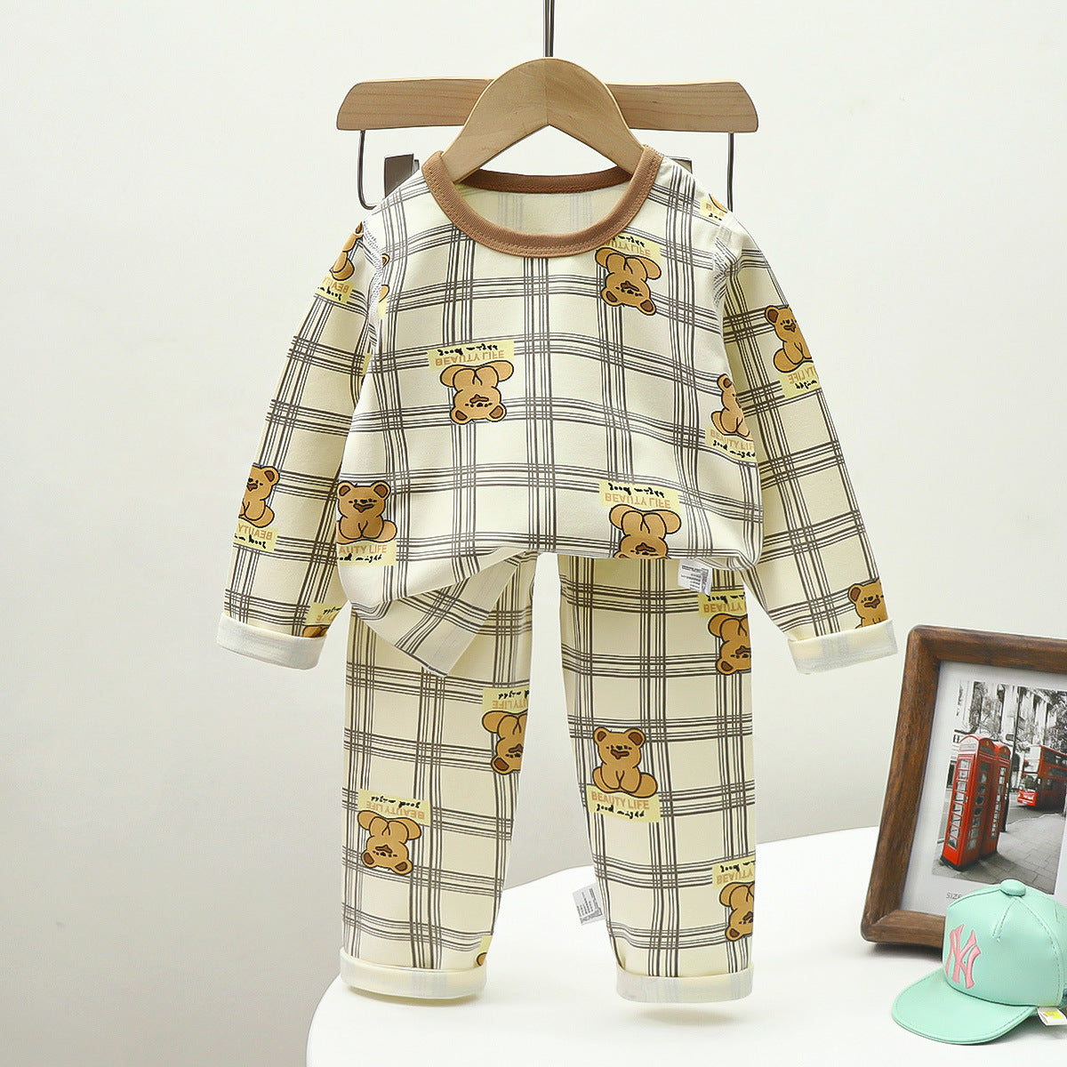 [351370] - Baju Tidur Kotak-Kotak Setelan Piyama Import Anak Cowok Cewek - Motif Bear Stripes