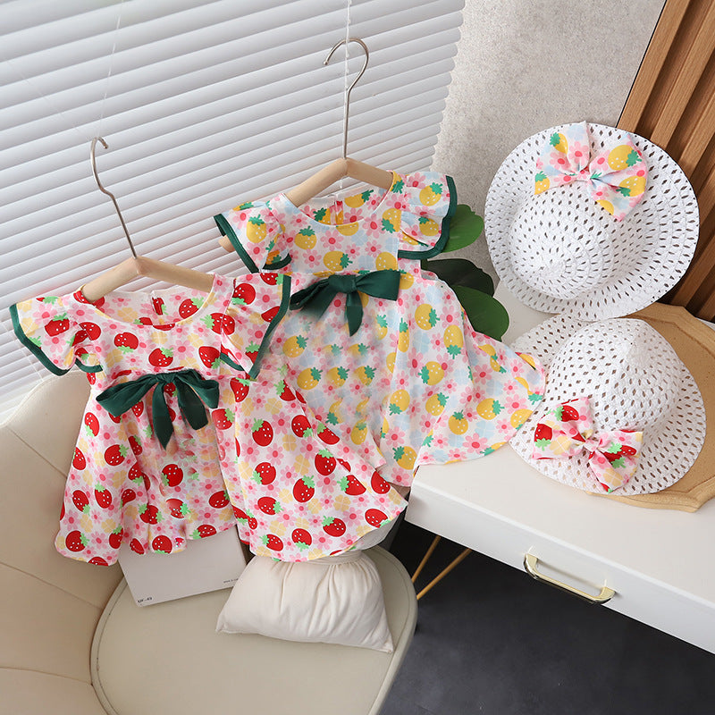 [352382] - Baju Mini Dress Pantai Fashion Anak Perempuan - Motif Ribbon Strawberries