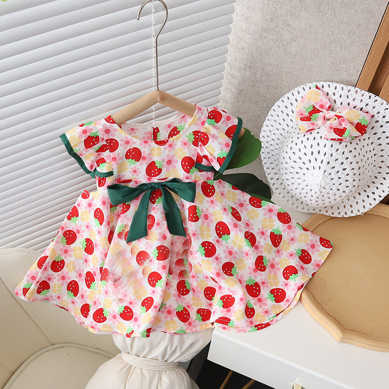 [352382] - Baju Mini Dress Pantai Fashion Anak Perempuan - Motif Ribbon Strawberries