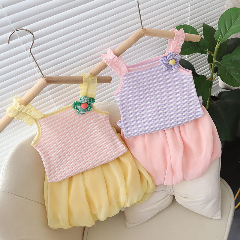 [352391] - Baju Setelan Crop Bawahan Rok Fashion Anak Perempuan - Motif Striped Flower