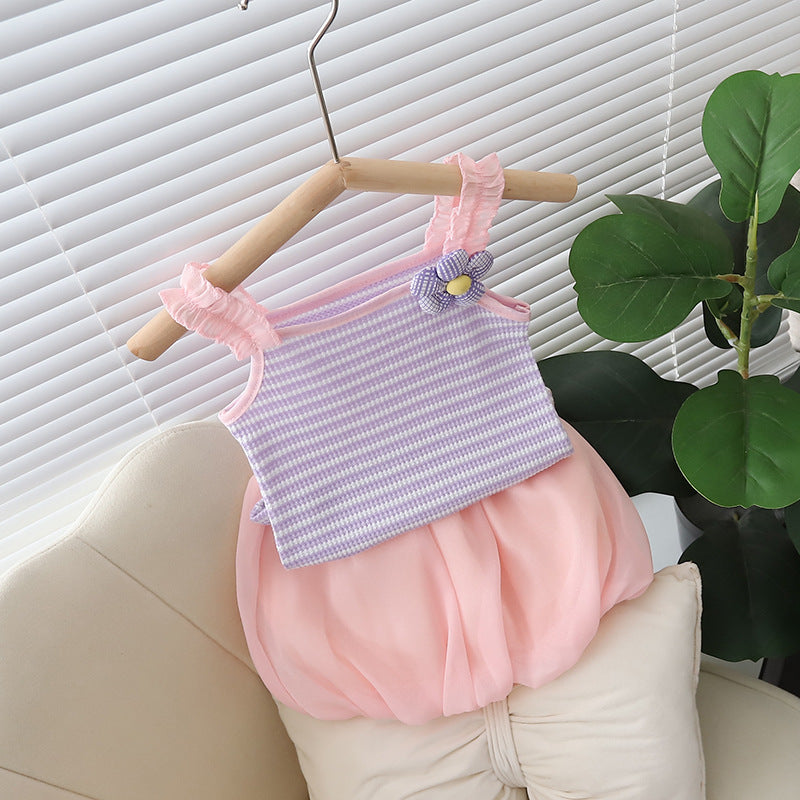 [352391] - Baju Setelan Crop Bawahan Rok Fashion Anak Perempuan - Motif Striped Flower