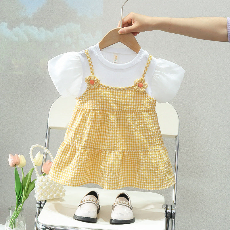 [352397] - Baju Mini Dress Kotak-Kotak Fashion Anak Perempuan - Motif Flower Box