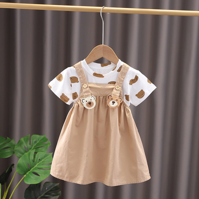[345465] Setelan Baju Kaos Bawahan Overall Rok Anak Perempuan Fashion - Motif Bear Button