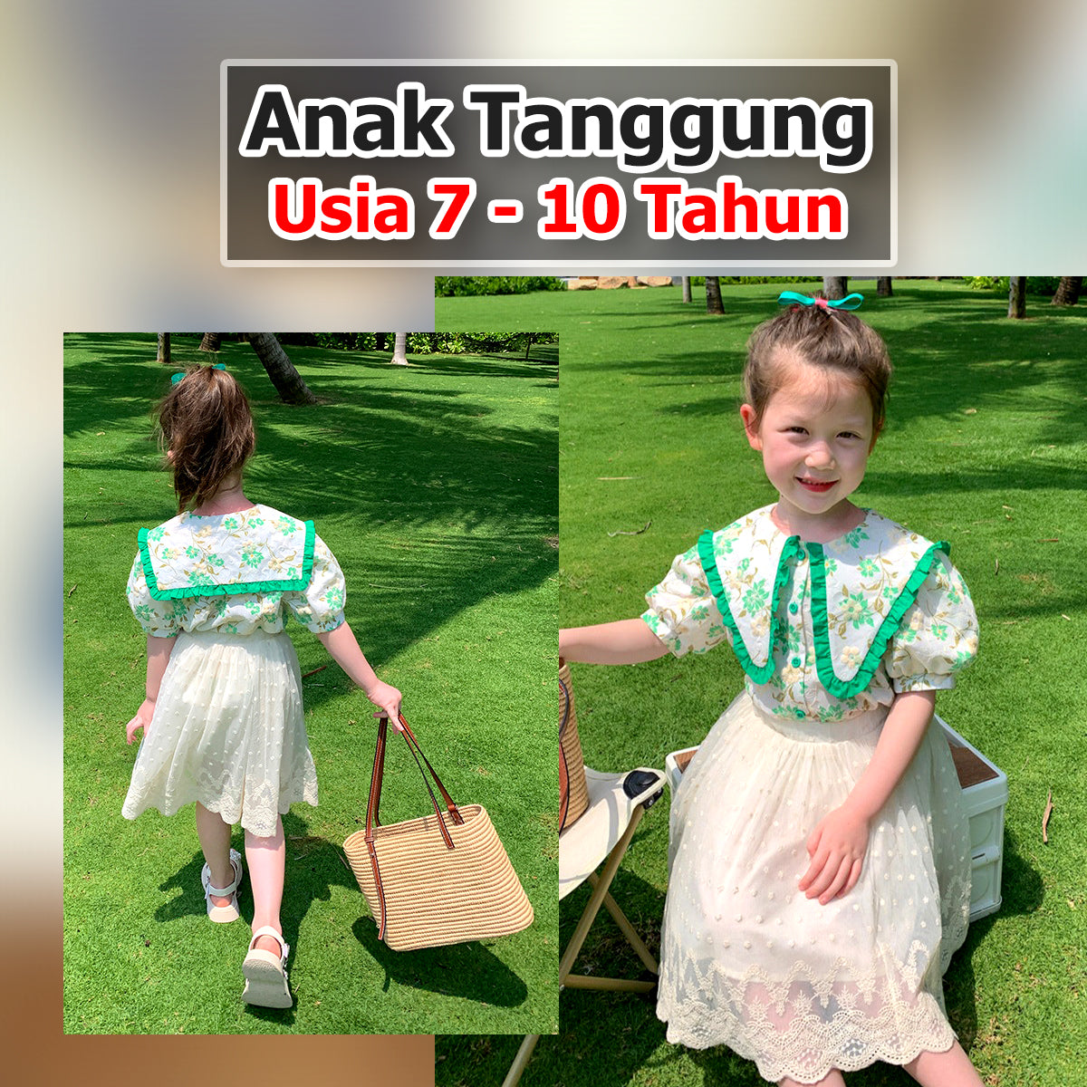 BABYHOKI STORE Usia 7 8 9 10 Tahun Baju Anak Tanggung Cewek [363486] - Setelan Blouse Lengan Balon Rok Tutu Anak Perempuan - Motif Blooming Flowers