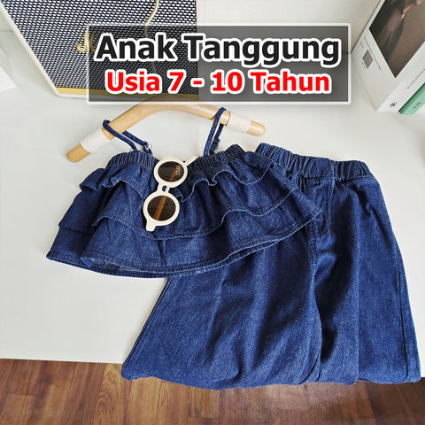 BABYHOKI STORE Usia 7 8 9 10 Tahun Baju Anak Tanggung Cewek [363612] - Setelan Crop Top Kutung Celana Jeans Anak Perempuan - Motif Plain Bend