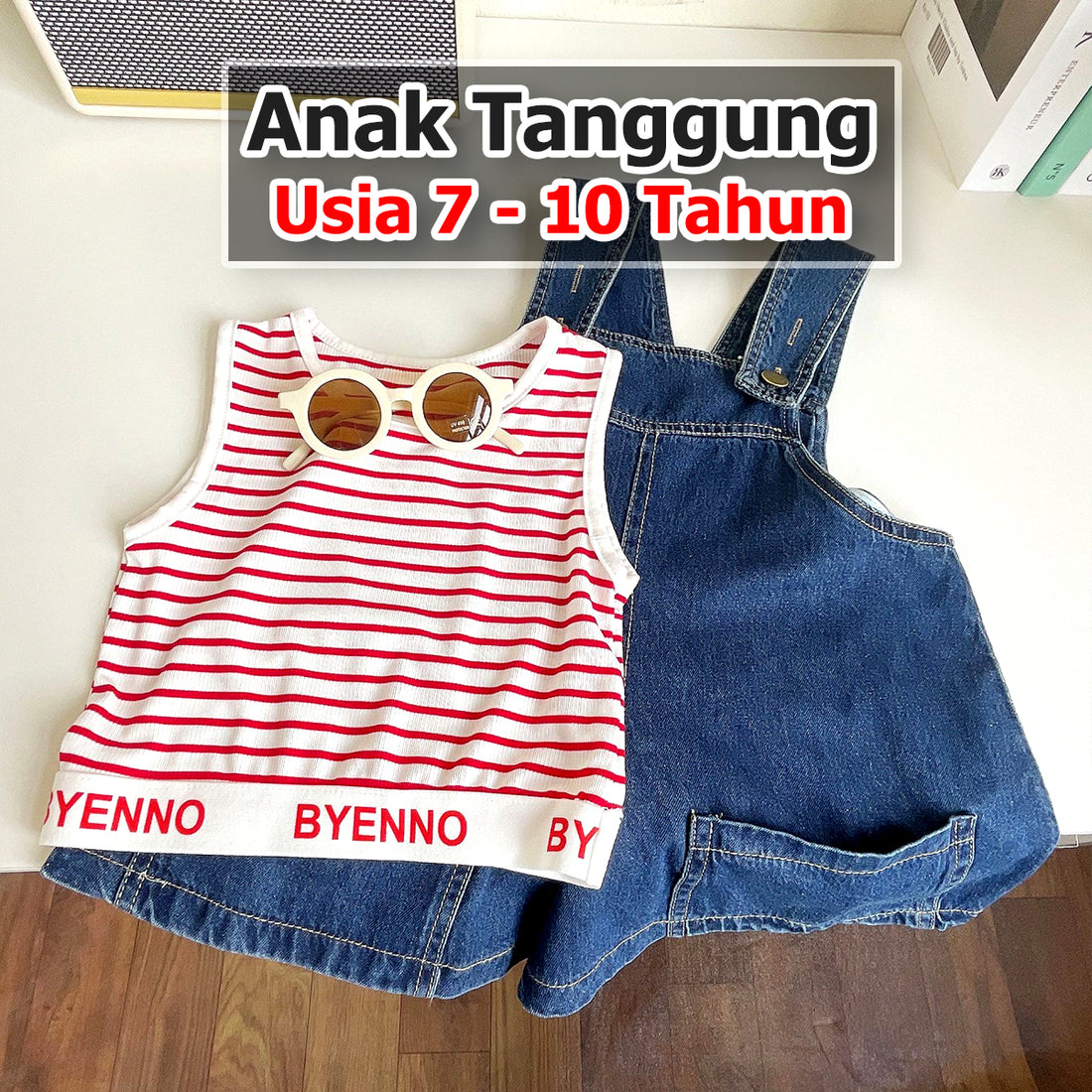 BABYHOKI STORE Usia 7 8 9 10 Tahun Baju Anak Tanggung Cewek [363613] - Setelan Singlet Overall Jeans Anak Perempuan - Motif Good Stripe