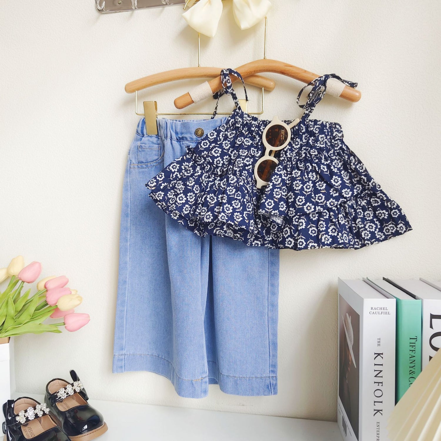 [363615] - Setelan Blouse Crop Celana Jeans Kulot Anak Perempuan - Motif Shadow Flower