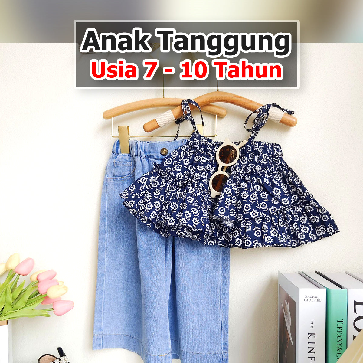 BABYHOKI STORE Usia 7 8 9 10 Tahun Baju Anak Tanggung Cewek [363615] - Setelan Blouse Crop Celana Jeans Kulot Anak Perempuan - Motif Shadow Flower