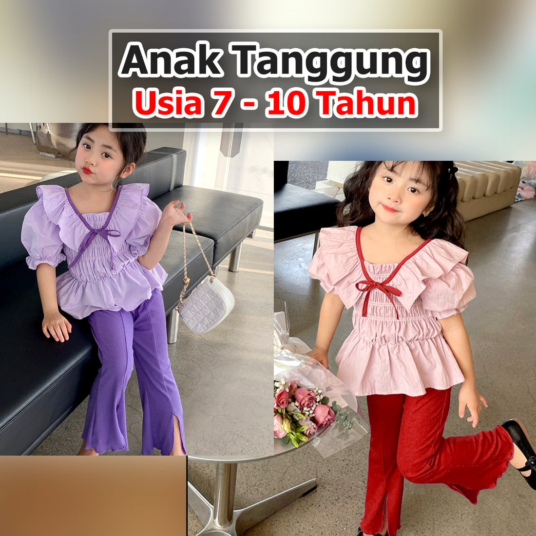 BABYHOKI STORE Usia 7 8 9 10 Tahun Baju Anak Tanggung Cewek [363620] - Setelan Blouse Lengan Balon Anak Perempuan - Motif Plain Rubber