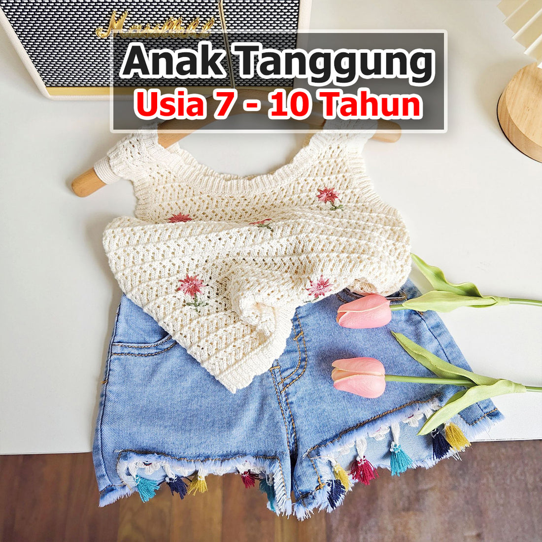 BABYHOKI STORE Usia 7 8 9 10 Tahun Baju Anak Tanggung Cewek [363622] - Baju Setelan Rajut Kutung Celana Jeans Rawis Fashion Anak Perempuan - Motif Knit Flower