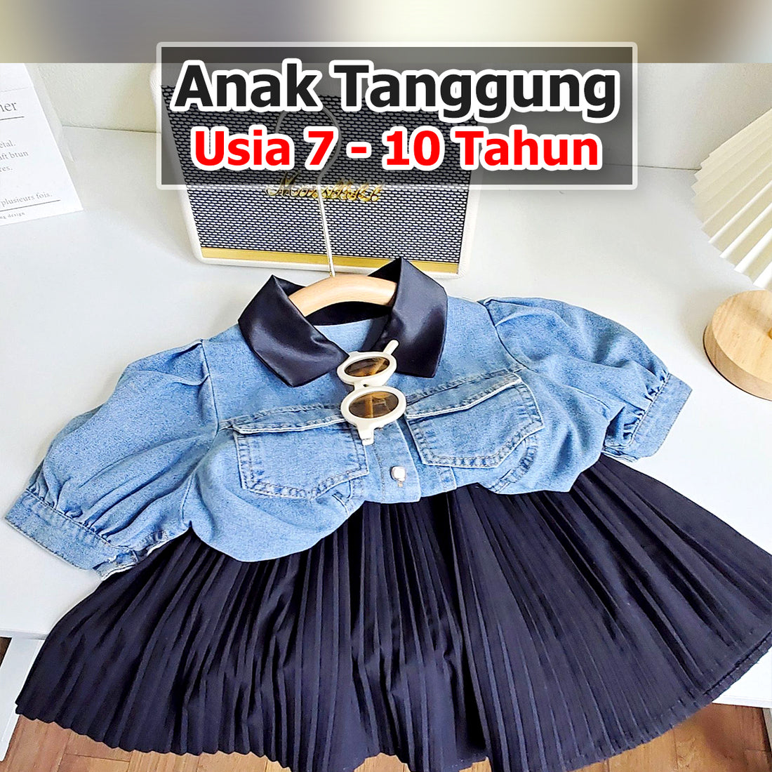 BABYHOKI STORE Usia 7 8 9 10 Tahun Baju Anak Tanggung Cewek [363623] - Setelan Blouse Jeans Bawahan Rok Anak Perempuan - Motif Plain Fold