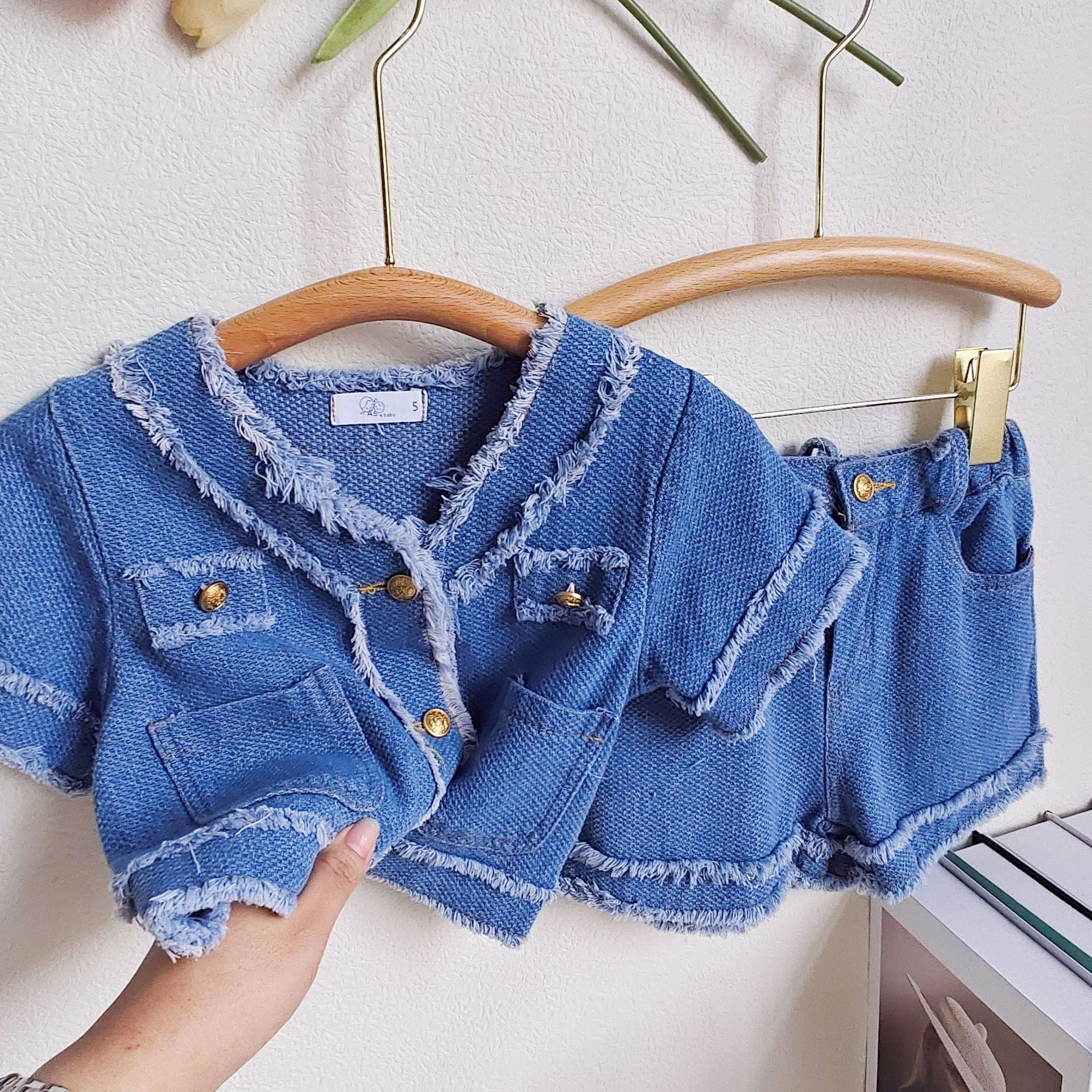 [363625] - Setelan Cardigan Celana Pendek Jeans Anak Perempuan - Motif Messy Fur